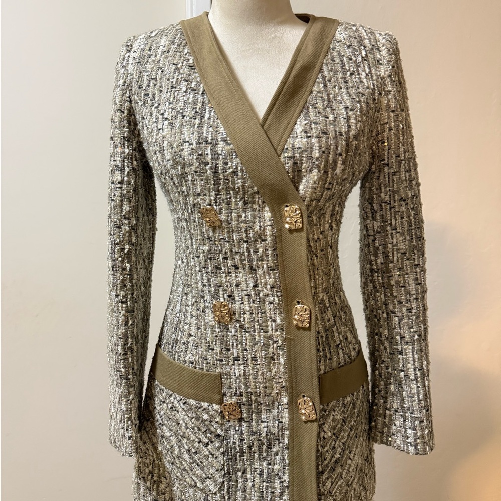 Elegant army green Tweed Double-Breasted dress